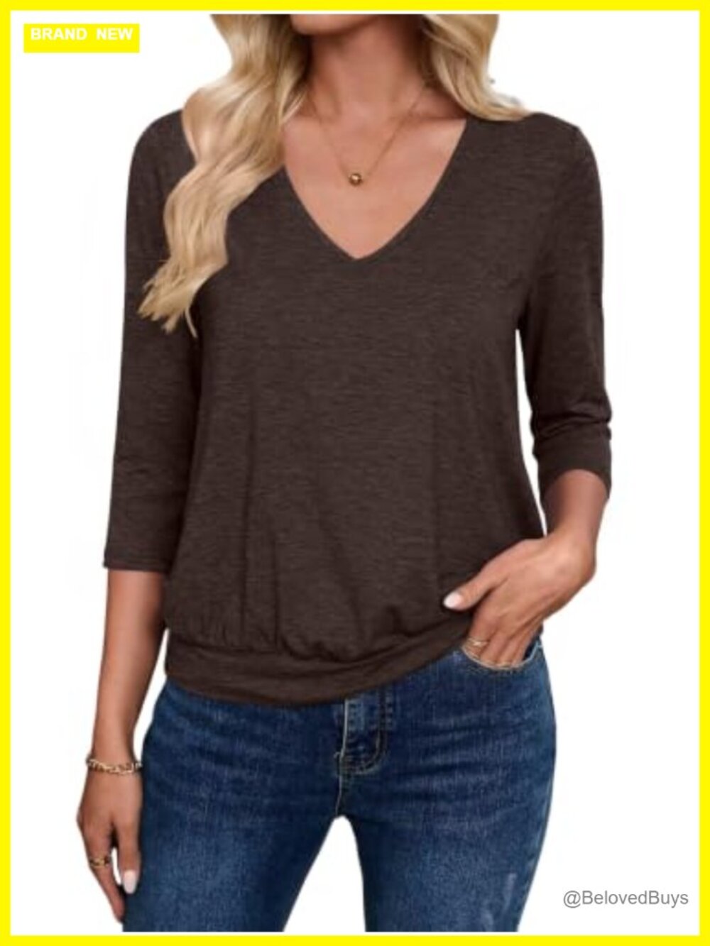 Sialois Women 3/4 Sleeve V Neck Tunic Blouse Banded Bottom Casual Top